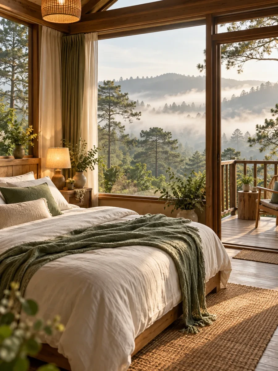 Phòng đôi chăn lanh, cửa sổ lớn nhìn ra rừng thông