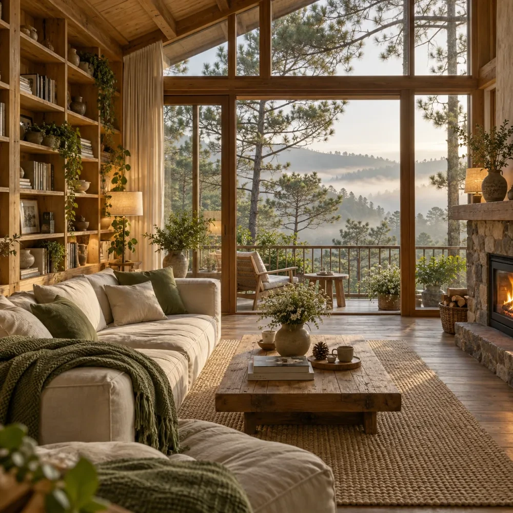 Phòng khách chung có lò sưởi, kệ sách và ghế sofa