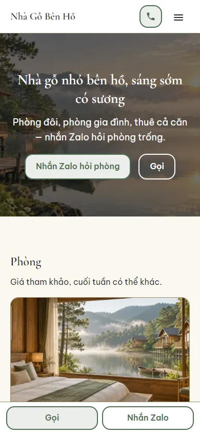 Mẫu Homestay nhà gỗ ven hồ trên điện thoại