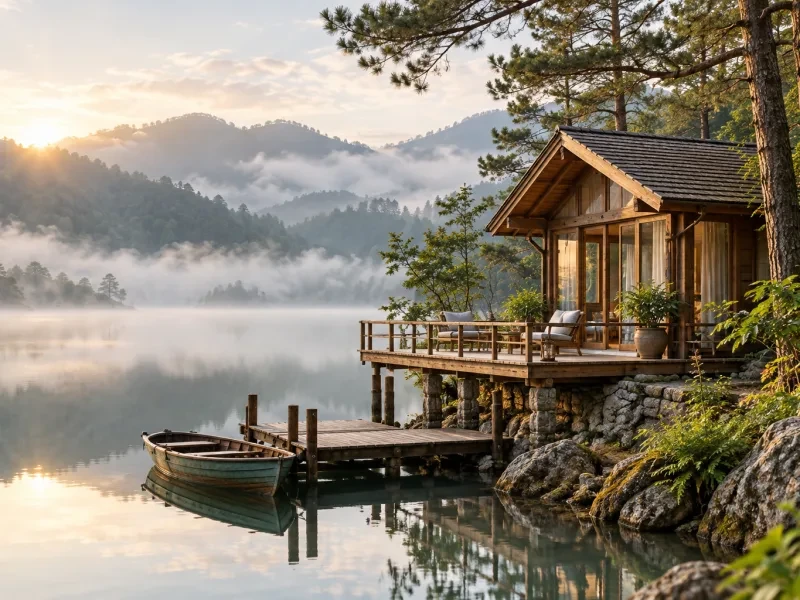 Căn nhà gỗ nhỏ có hiên bên bờ hồ