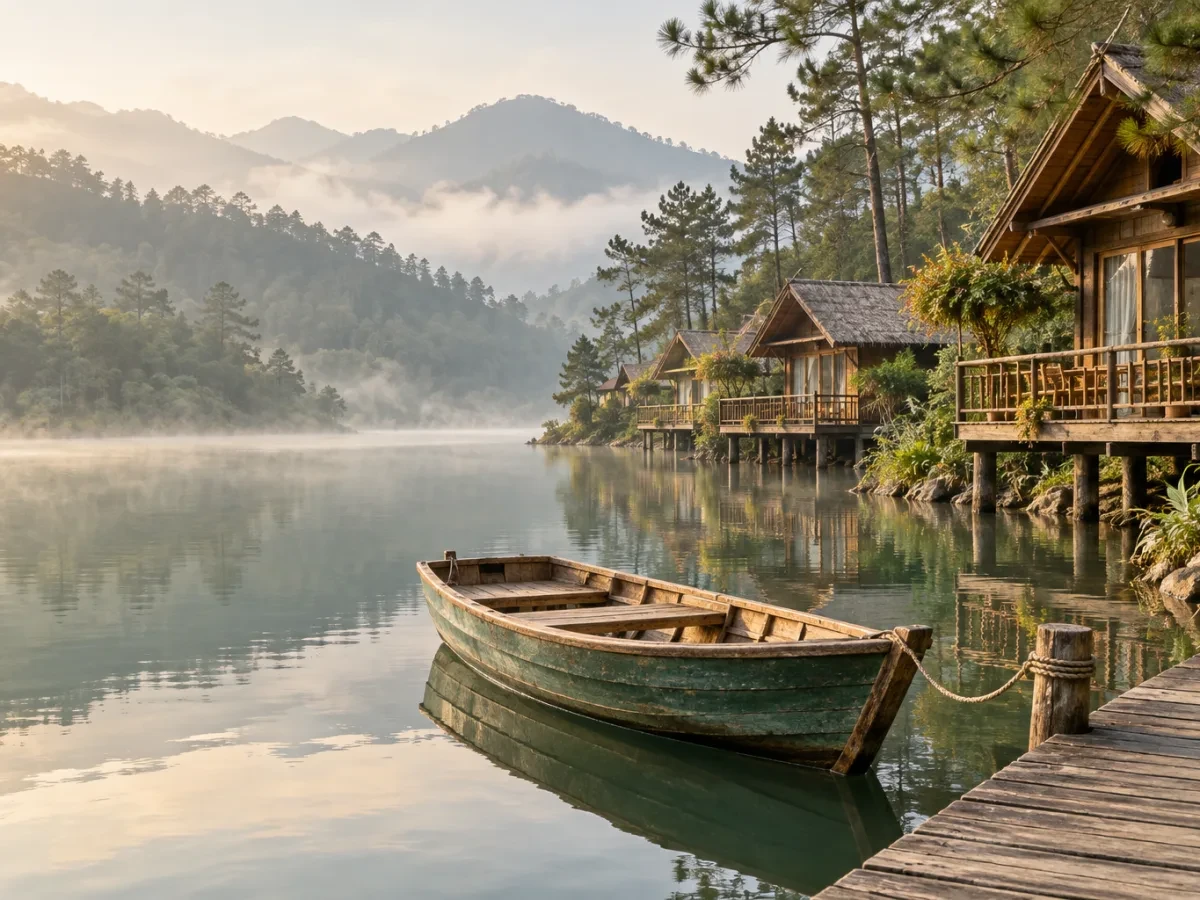Thuyền chèo buộc ở cầu gỗ