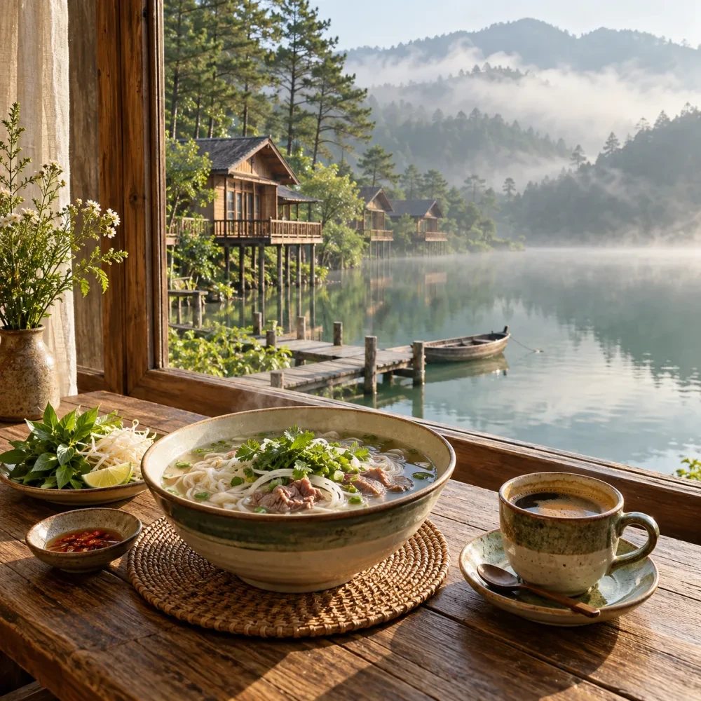 Bữa sáng phở và cà phê trên bàn gỗ cạnh cửa sổ