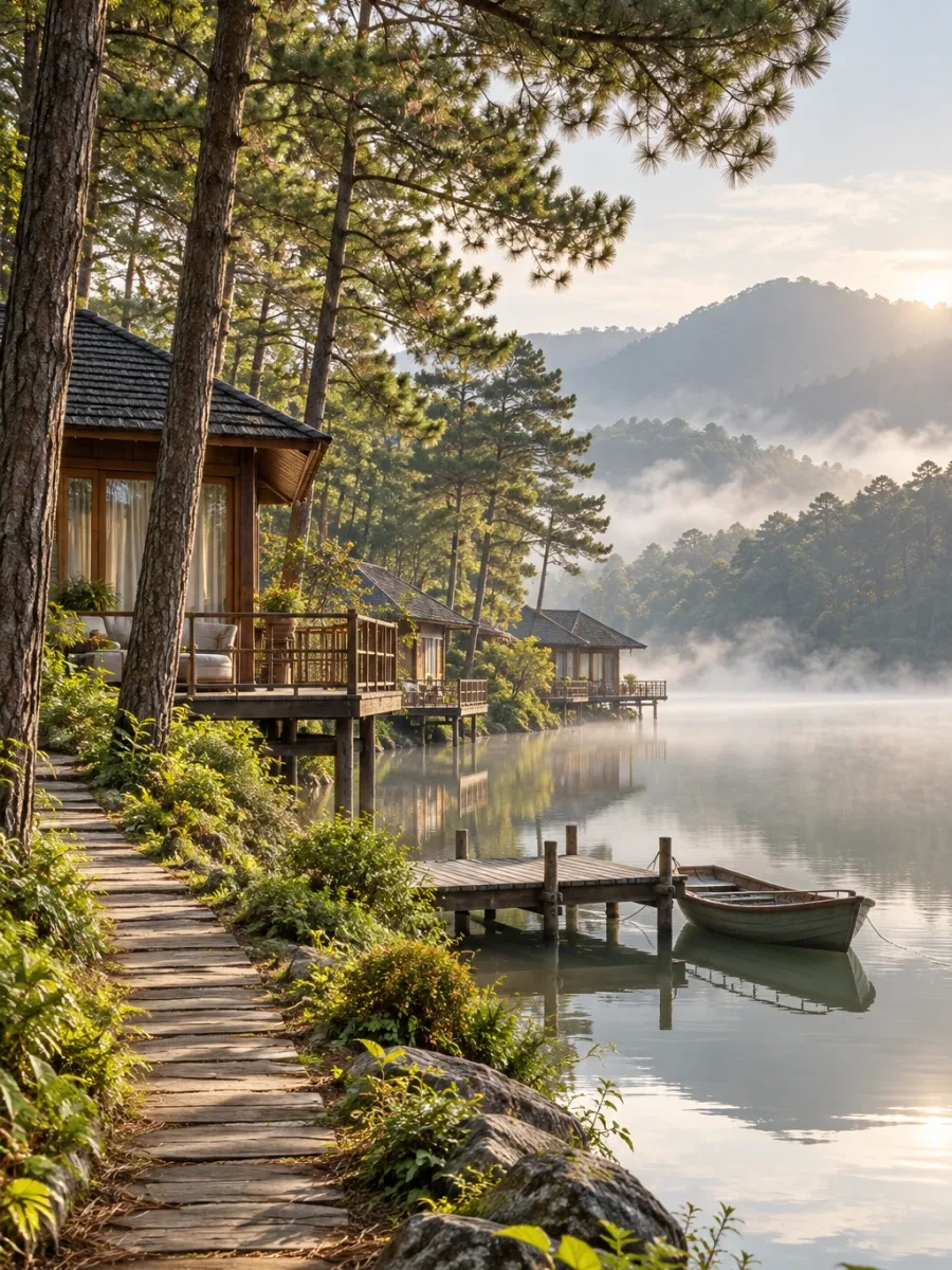 Lối đi giữa rừng thông ven hồ