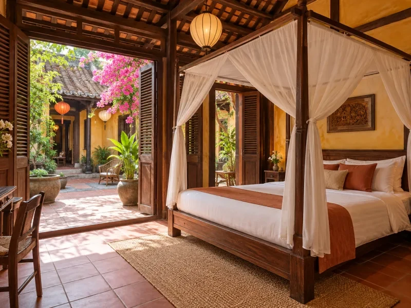 Phòng đôi bằng gỗ có giường bốn cột và cửa chớp