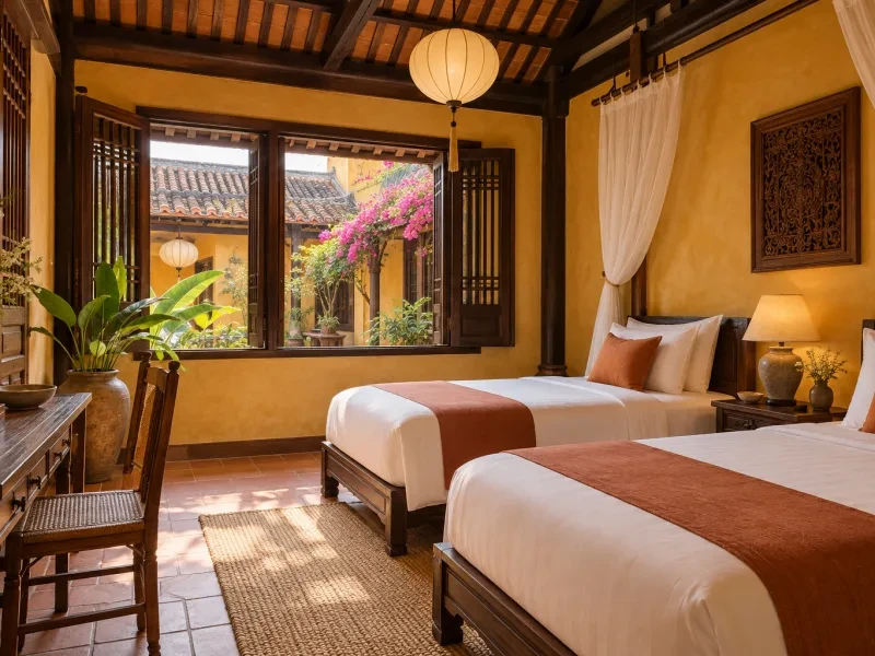 Phòng hai giường có xà gỗ và cửa sổ nhìn ra sân trong