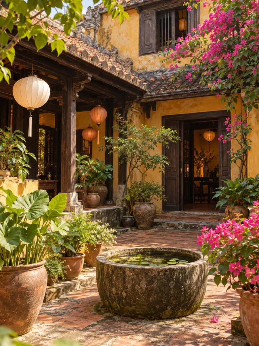 Sân trong có chậu cây và bể nước đá