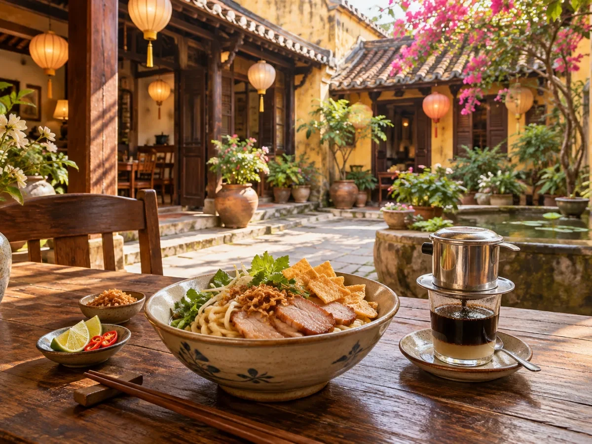 Bữa sáng cao lầu và cà phê trên bàn gỗ