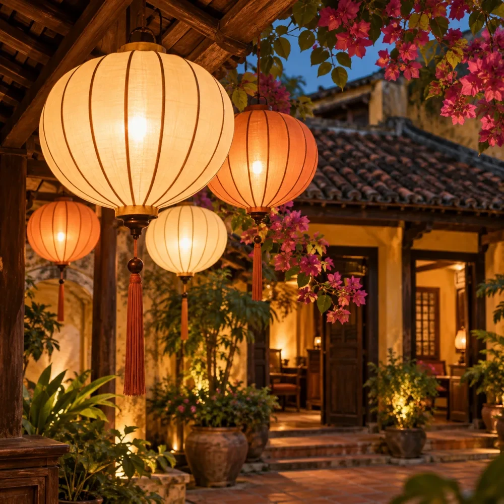 Đèn lồng lụa trơn sáng về đêm