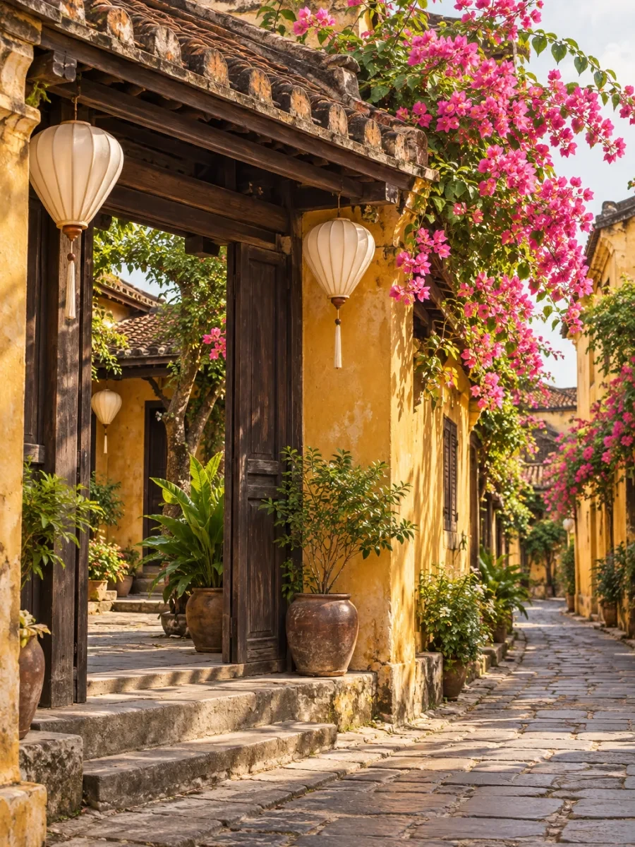 Con phố cổ hẹp tường vàng và hoa giấy