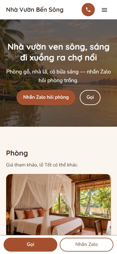Mẫu Homestay nhà vườn ven sông trên điện thoại