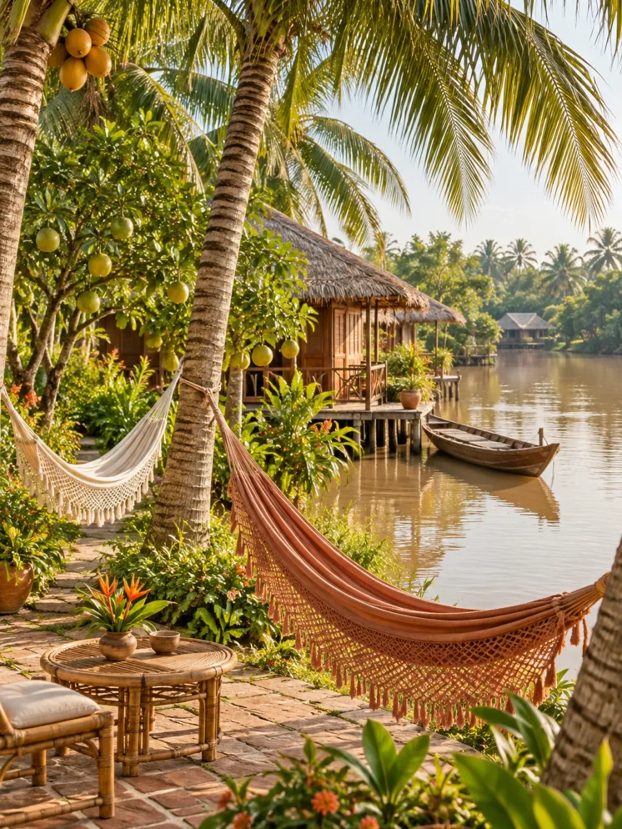 Võng mắc giữa hàng dừa bên sông