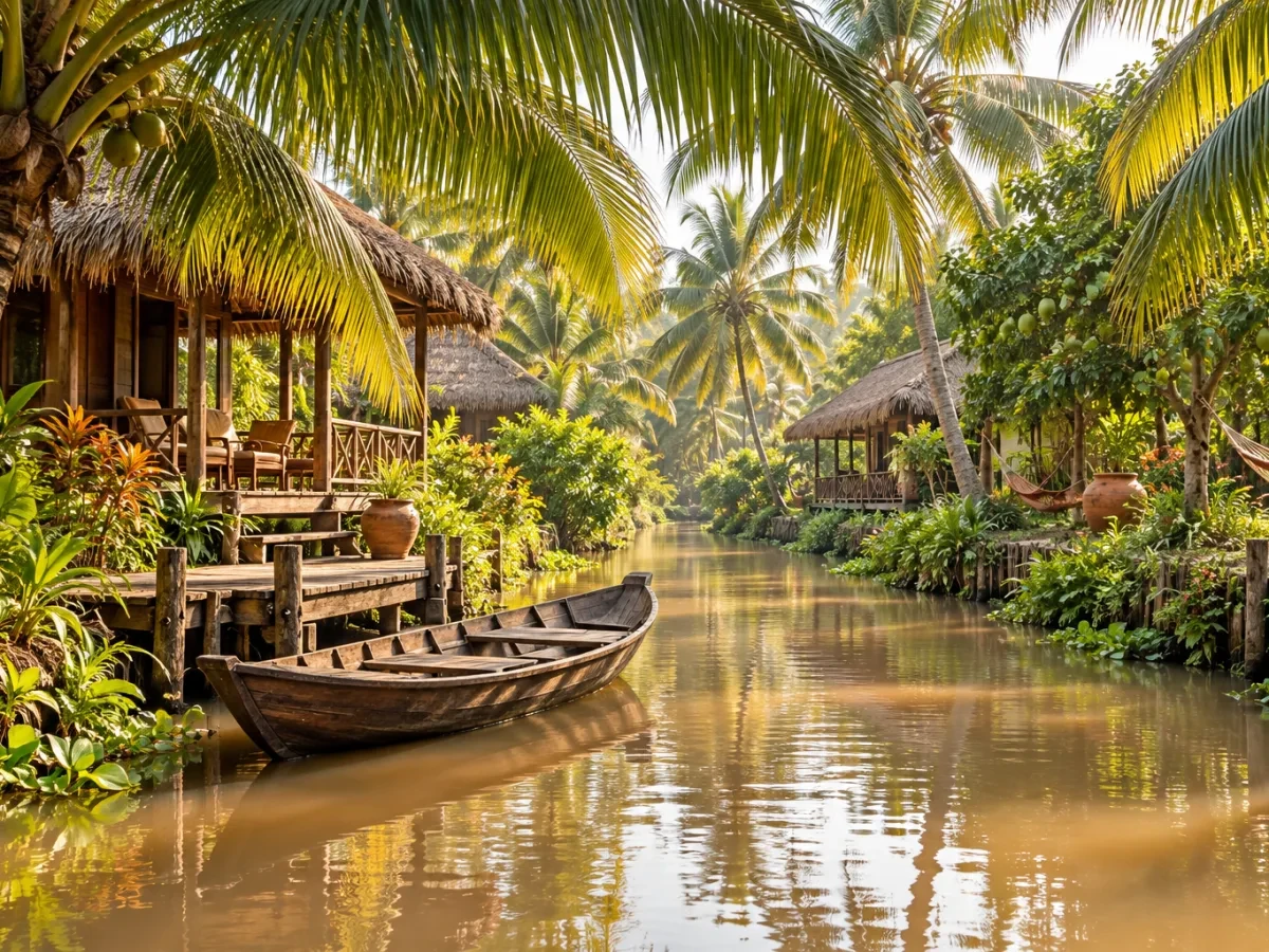 Xuồng gỗ nhỏ trên con kênh dưới tán lá dừa