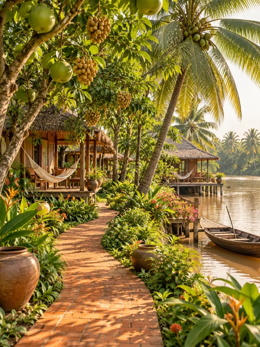 Lối đi giữa vườn cây ăn trái trong nắng sớm