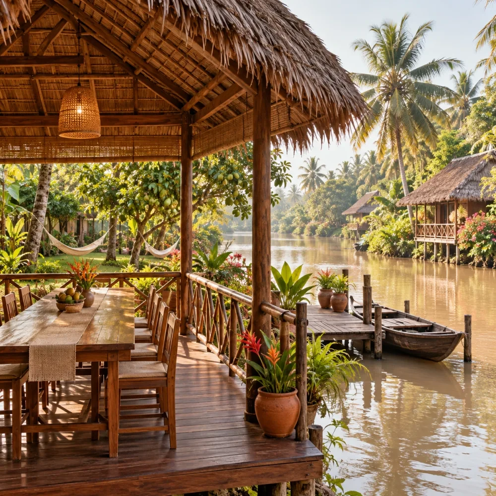 Chòi ăn bằng gỗ mở thoáng có bàn dài bên sông