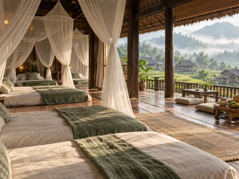 Chỗ ngủ sàn chung có đệm và màn trên sàn gỗ