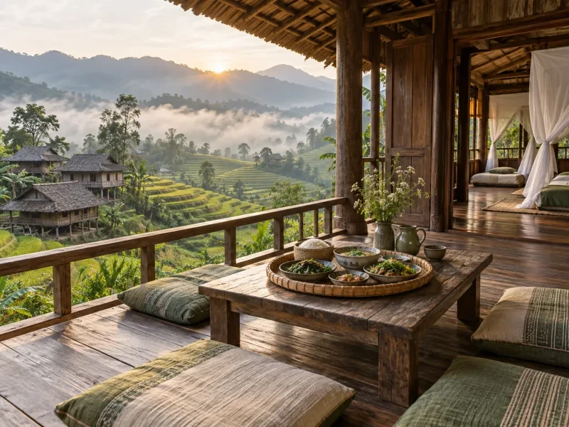 Hiên gỗ có bàn thấp và đệm ngồi nhìn ra ruộng