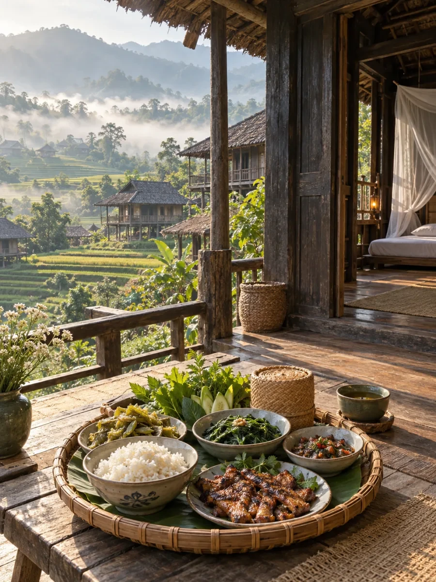Mâm cơm nhà trên khay tre: cơm, rau, thịt nướng