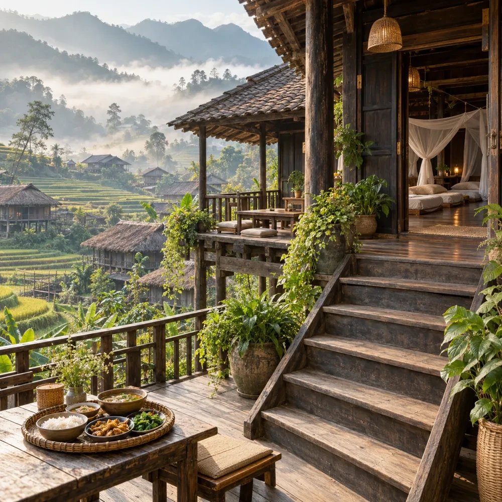 Cầu thang gỗ dẫn lên cửa nhà sàn có cây xanh