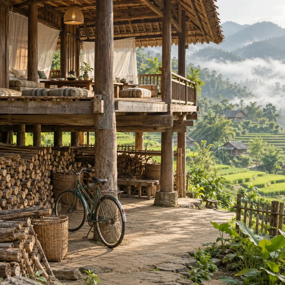 Gầm nhà sàn có củi xếp và chiếc xe đạp