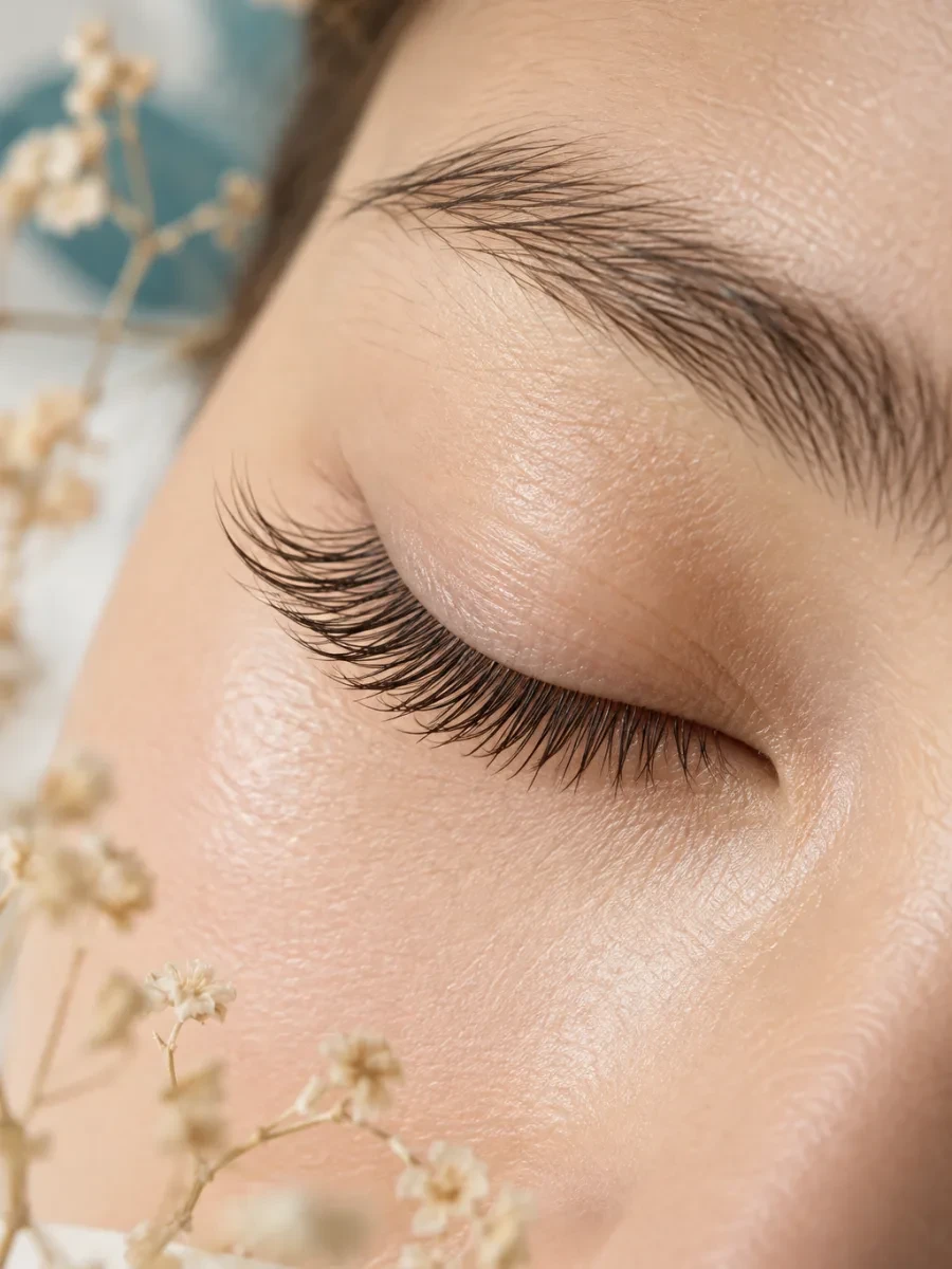 Cận cảnh hàng mi đã uốn trên mắt nhắm