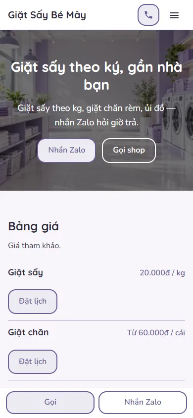 Mẫu Shop giặt sấy trên điện thoại