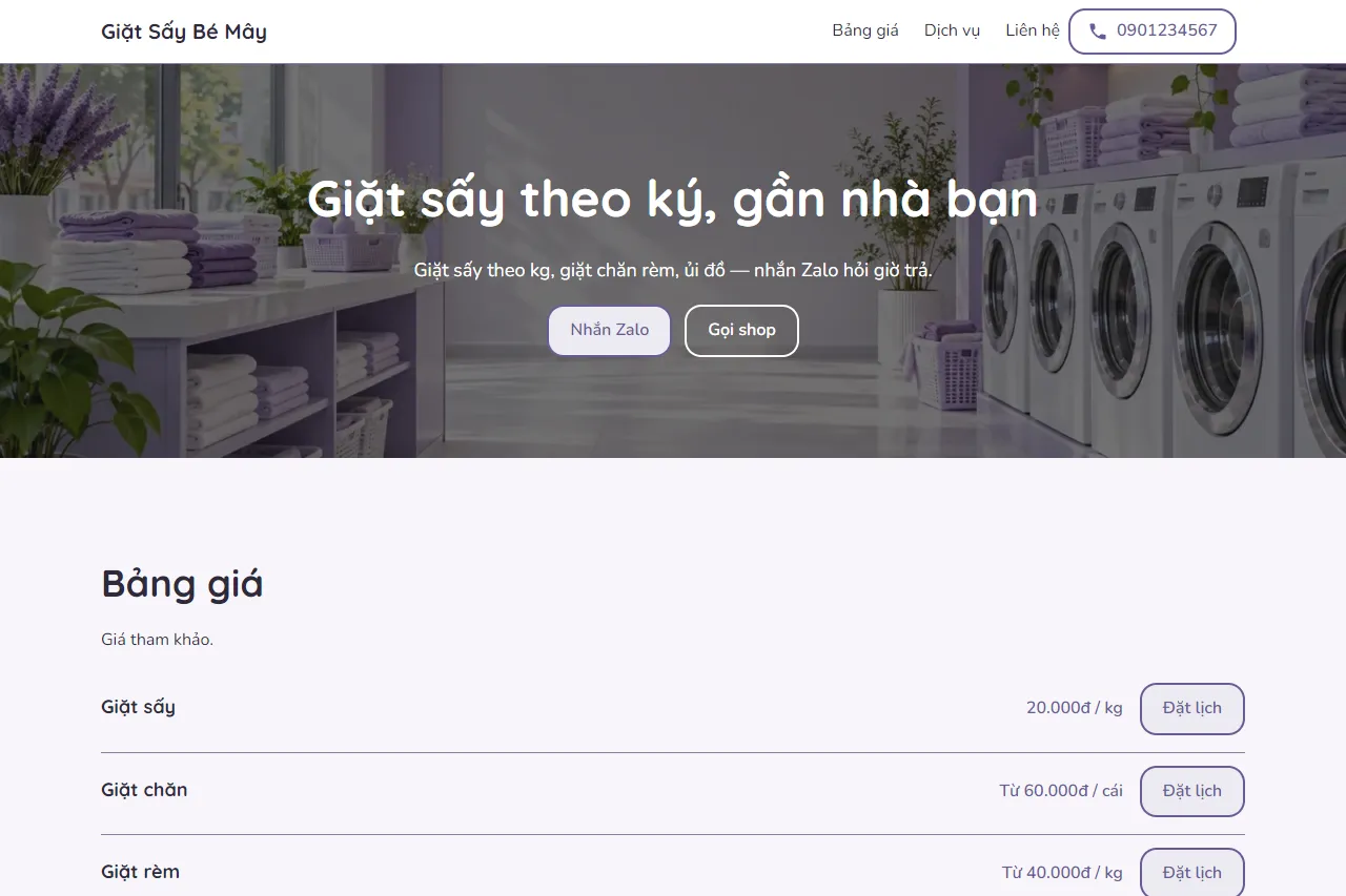 Mẫu Shop giặt sấy trên máy tính
