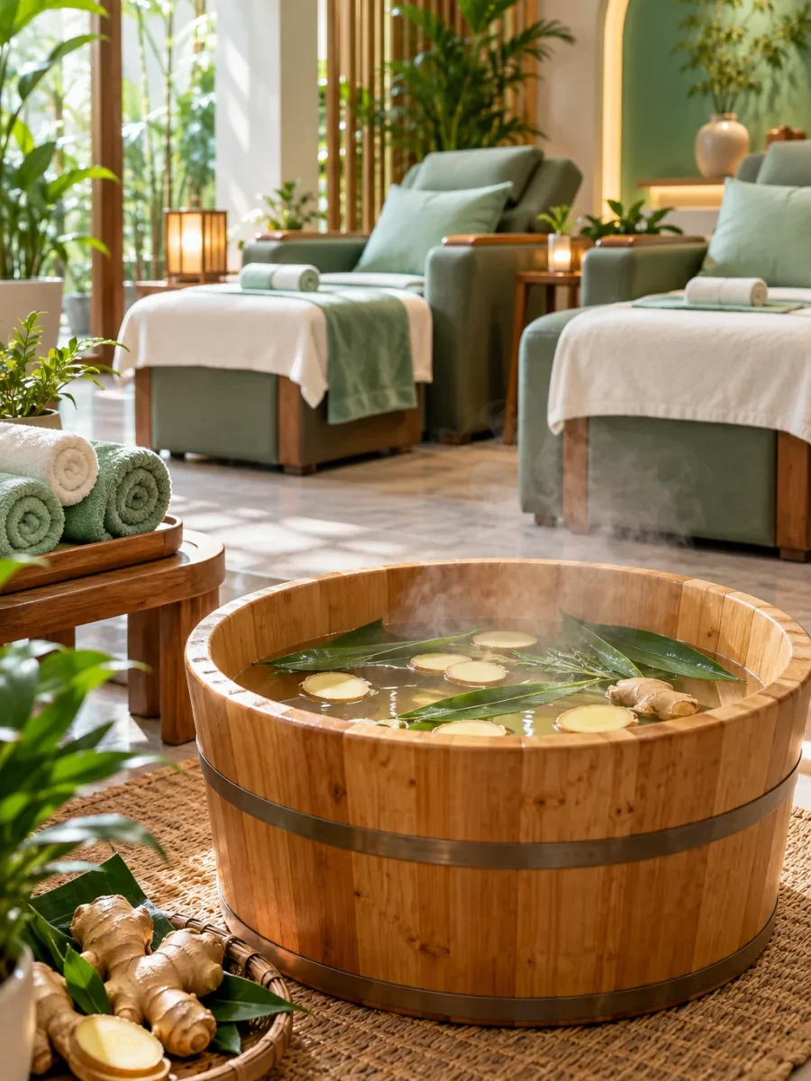 Chậu gỗ ngâm chân với nước ấm, gừng và lá