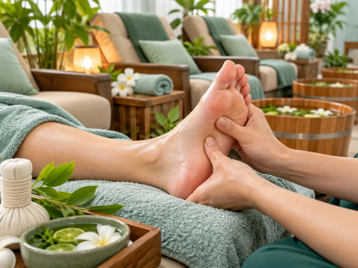 Bàn tay massage bàn chân trên khăn