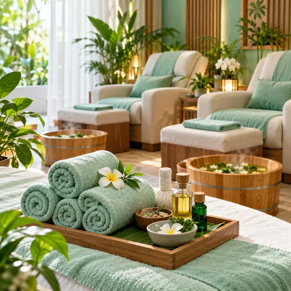 Khăn bạc hà cuộn tròn và chai không nhãn
