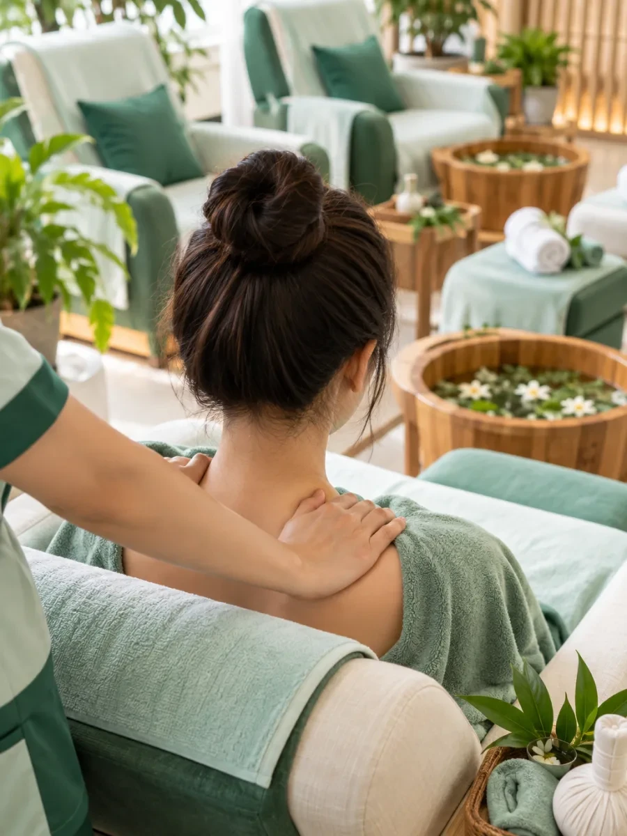 Bàn tay massage vai, nhìn từ phía sau