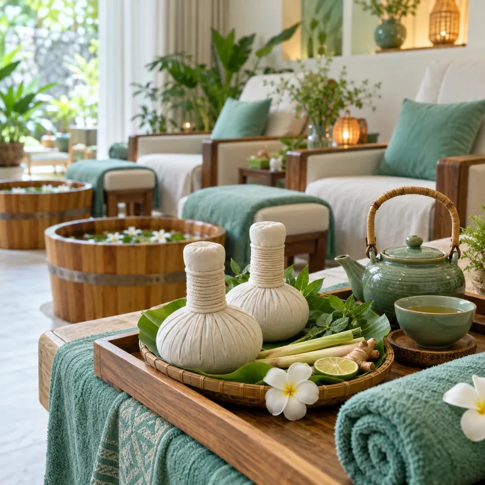 Túi chườm thảo mộc trên khay cạnh ấm trà
