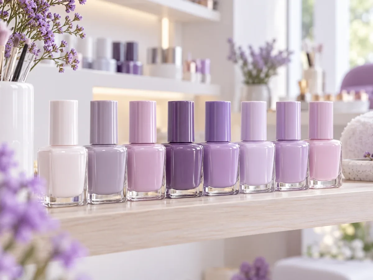 Hàng chai sơn gel màu pastel trên kệ gỗ sáng