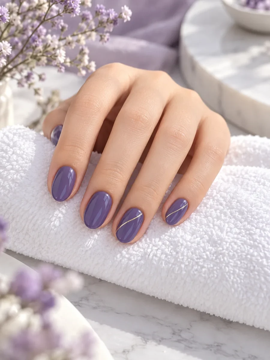 Móng hạnh nhân ngắn sơn tím đậm có viền vàng nhỏ