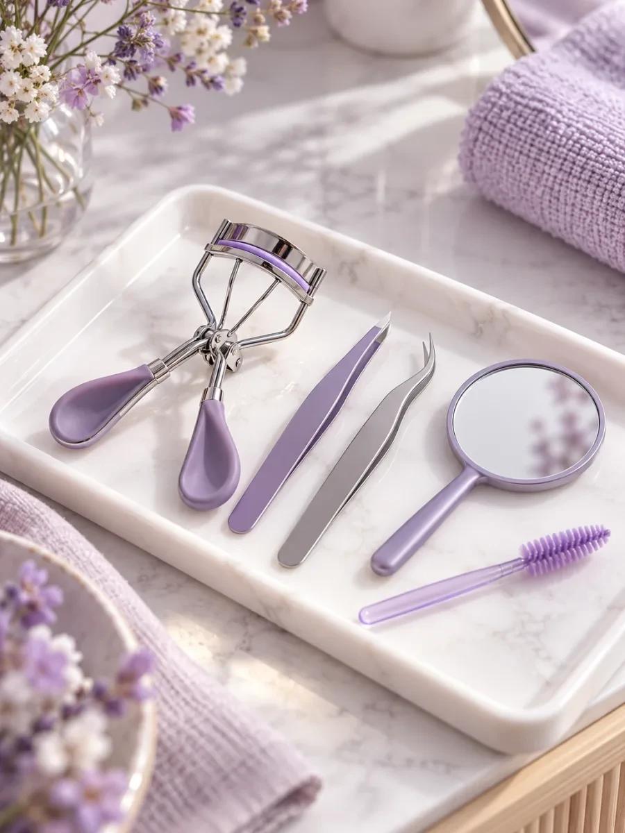 Dụng cụ chăm sóc mi trên khay trắng: kẹp mi, nhíp, gương nhỏ