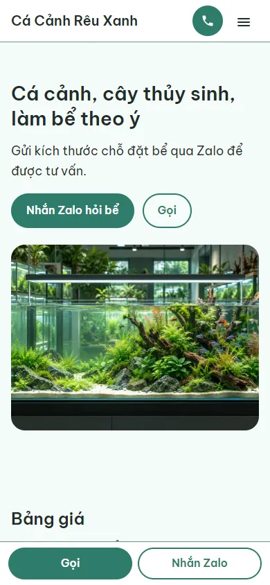 Mẫu Shop cá cảnh, thủy sinh trên điện thoại
