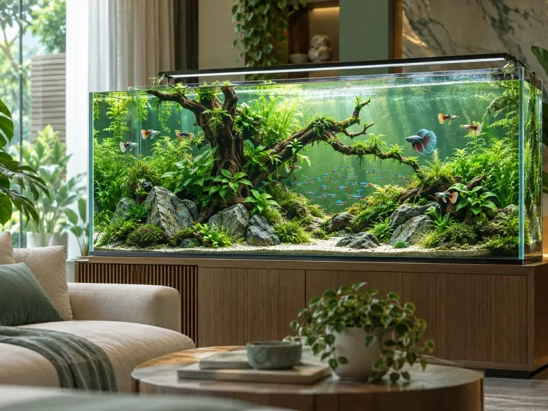 Bể thủy sinh lớn có lũa trong phòng khách