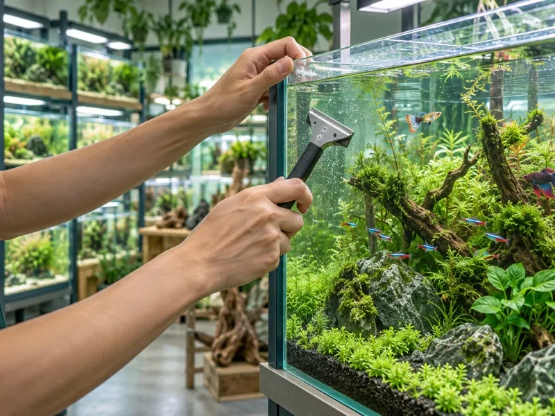 Bàn tay lau kính bể cá bằng dụng cụ cạo