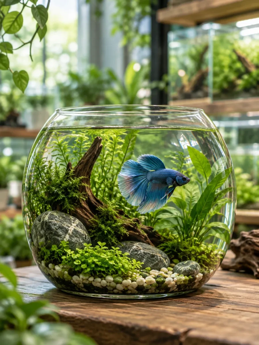 Một chú cá betta xanh trong bát có cây