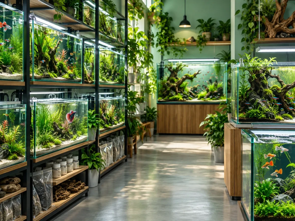 Dãy bể cá trong shop dưới ánh đèn xanh dịu