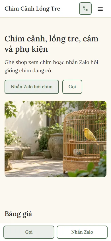 Mẫu Shop chim cảnh, lồng tre trên điện thoại