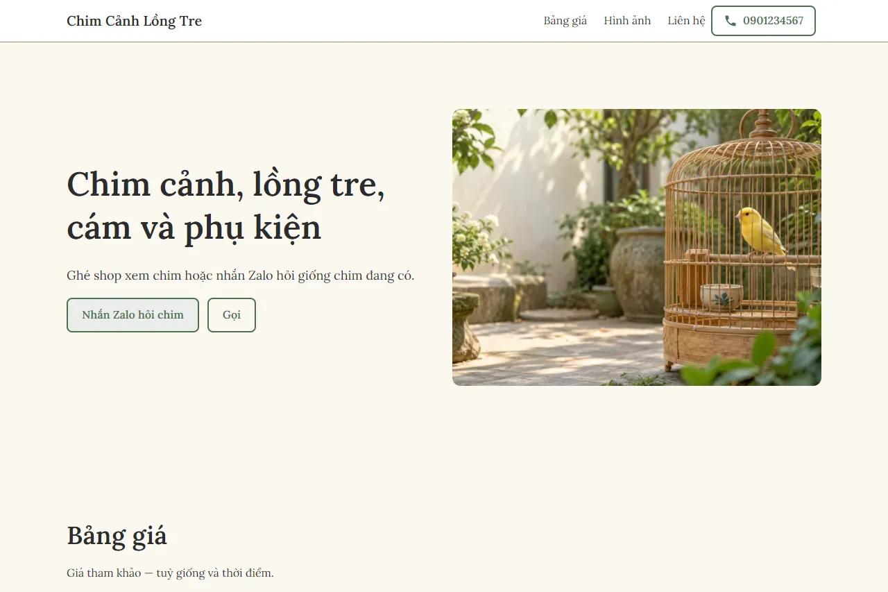Mẫu Shop chim cảnh, lồng tre trên máy tính