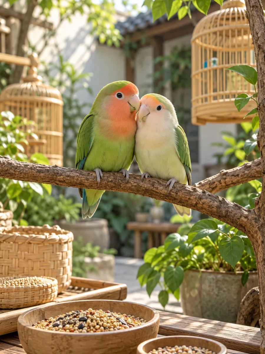 Đôi vẹt mặt hồng đậu trên cành
