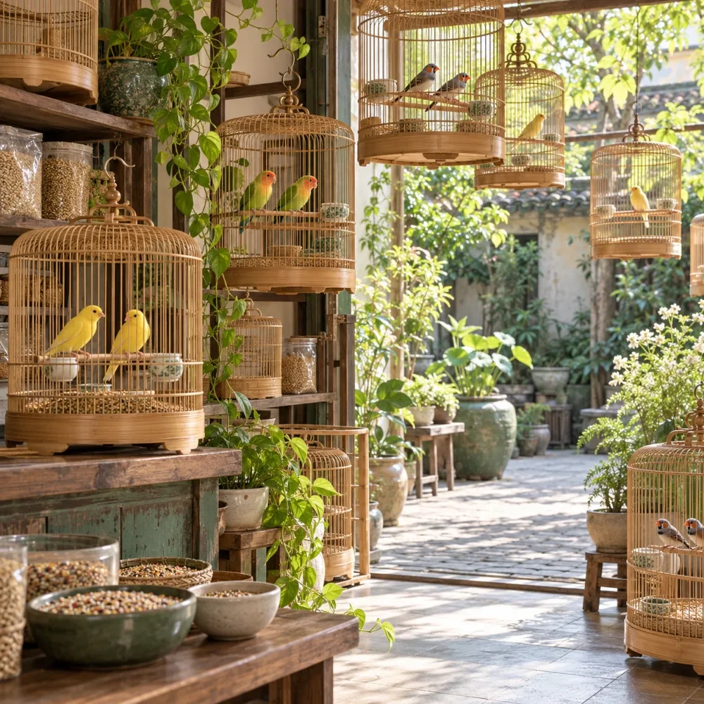 Góc shop nhỏ có lồng chim, cây xanh và quầy gỗ