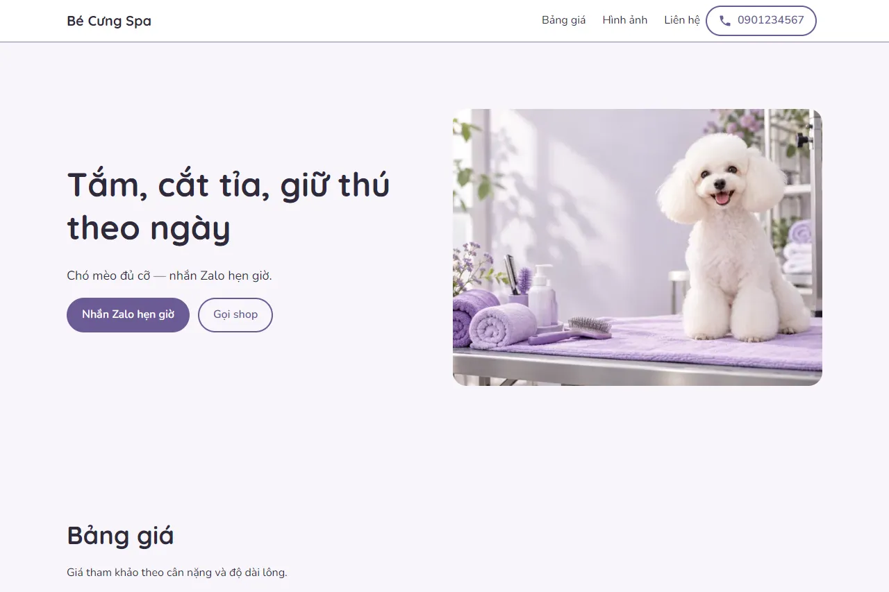 Mẫu Shop chăm sóc thú cưng trên máy tính