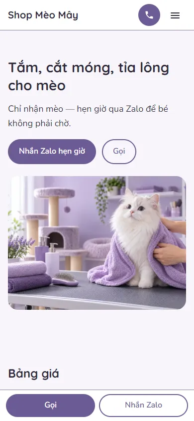 Mẫu Shop tắm, tỉa lông mèo trên điện thoại