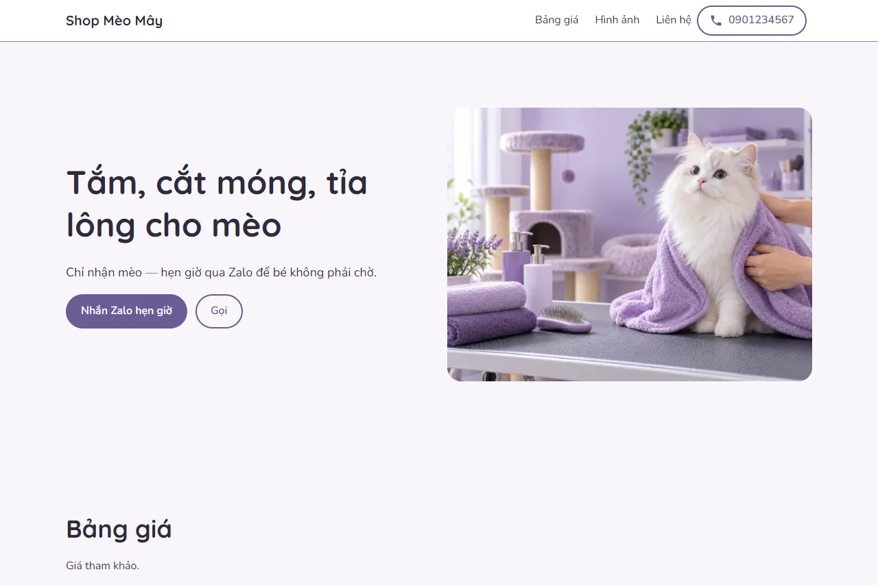 Mẫu Shop tắm, tỉa lông mèo trên máy tính