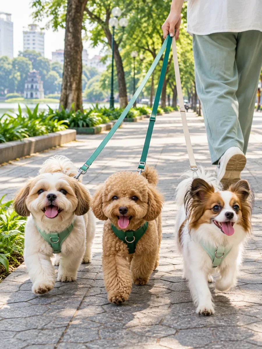 Bàn tay cầm ba sợi dây dắt, mấy chú chó nhỏ đi phía trước