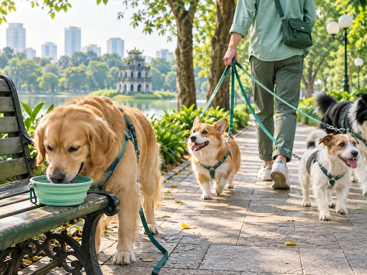Chú chó uống nước từ bát mang theo trên ghế đá