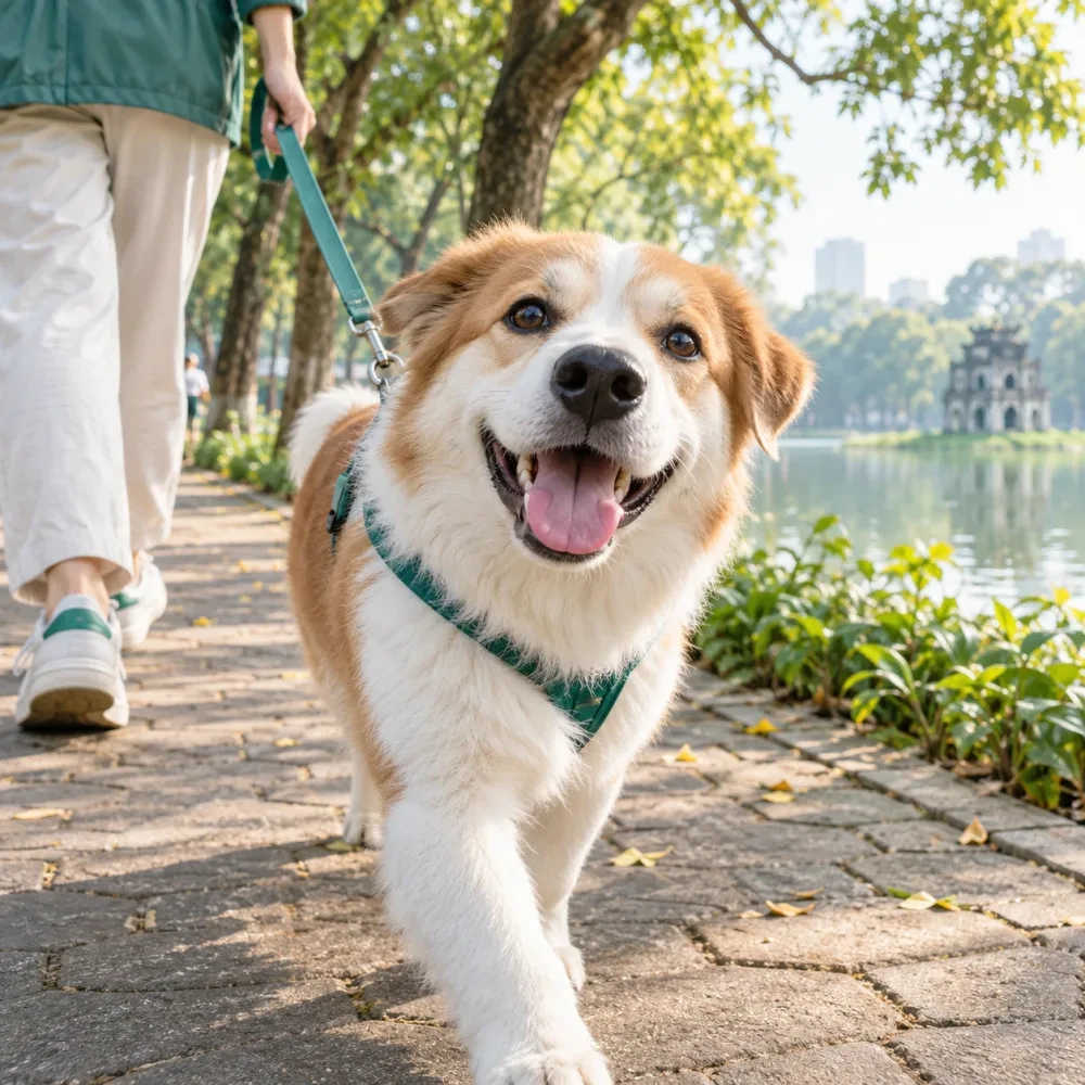 Cận cảnh mặt chú chó vui vẻ khi đi dạo
