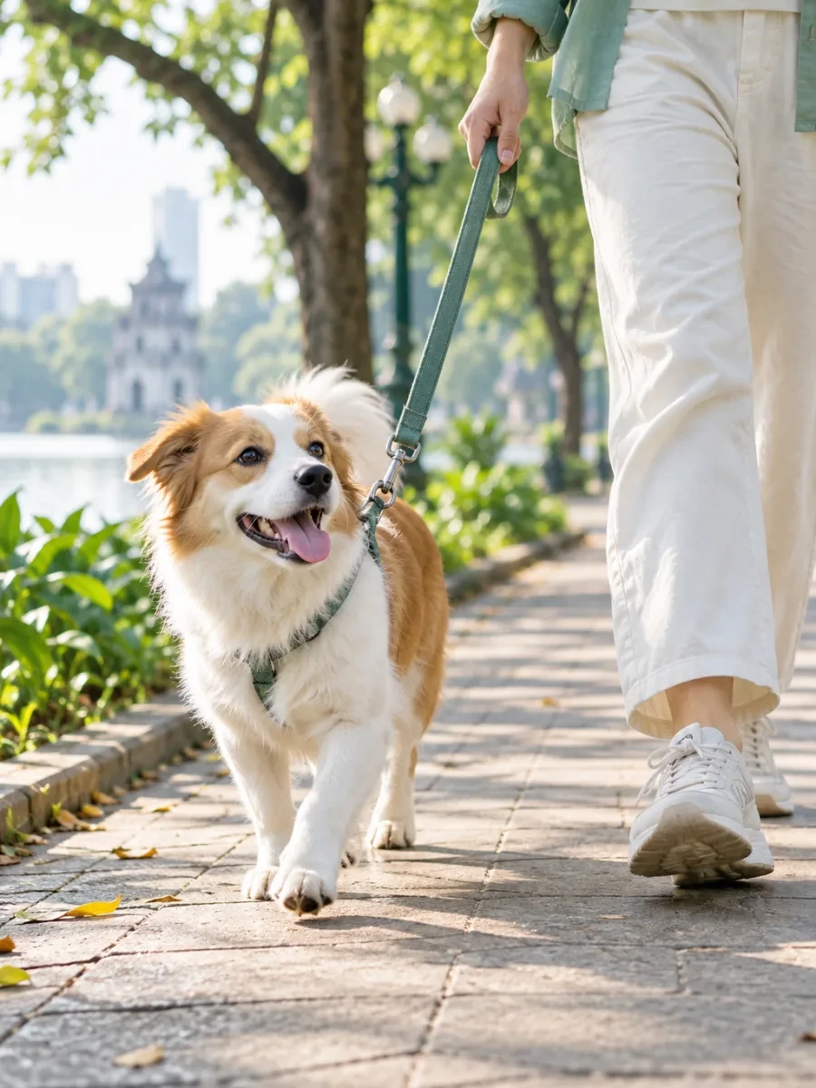 Vỉa hè rợp cây, chú chó đi dây dắt cạnh chân người dắt